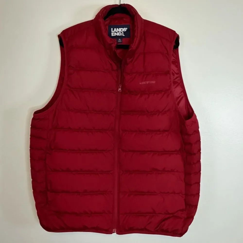 Lands' End Puffer Down Vest Mens XL 46 - 48 Burgundy Full Zip Outdoor Pockets